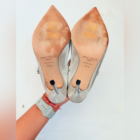 Jimmy Choo Gold Champagne Bing 100 Glitter Fabric Mules w/ Crystal Strap EU 37.5 - Picture 9 of 10